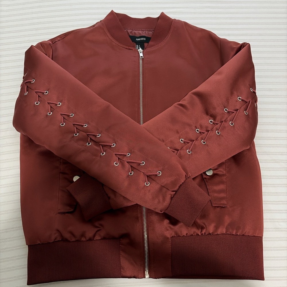 Forever 21 Burgundy Embroidered Bomber Jacket
